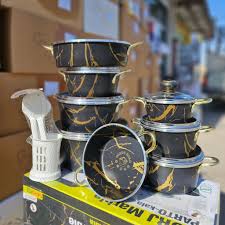 سرویس ۱۹ پارچه پرتو کالا طرح سنگ ماربل دسته طلائی